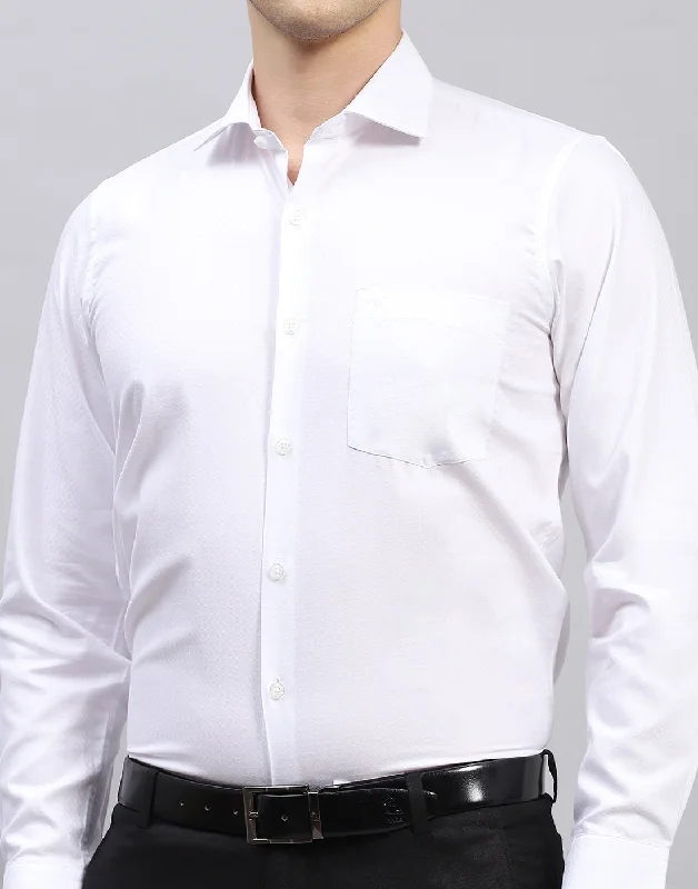 Men White Self Design Collar Full Sleeve Shirt