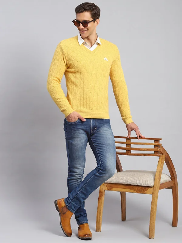 Men Yellow Self Design Wool blend Pullover