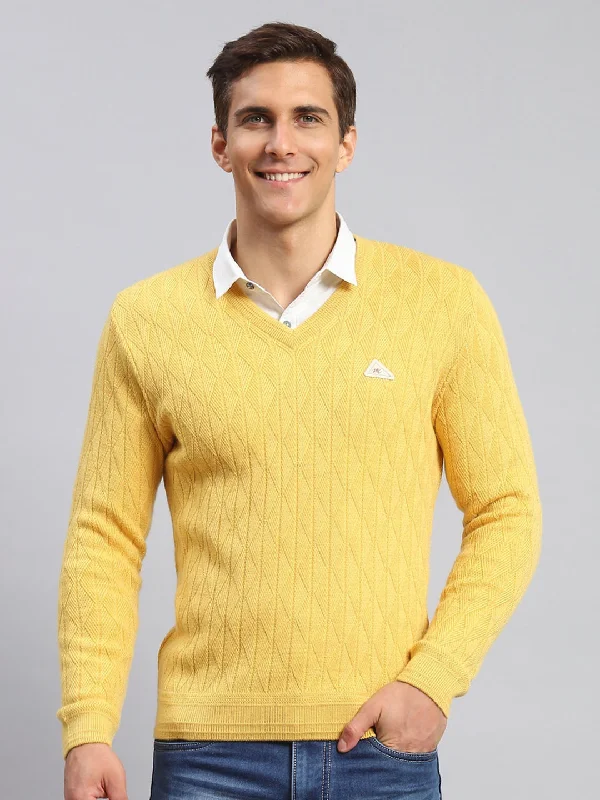 Men Yellow Self Design Wool blend Pullover