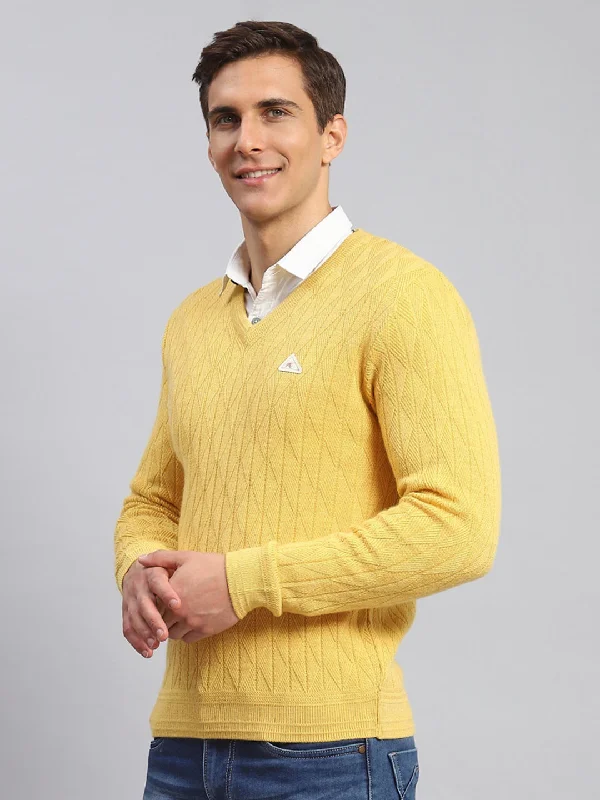 Men Yellow Self Design Wool blend Pullover