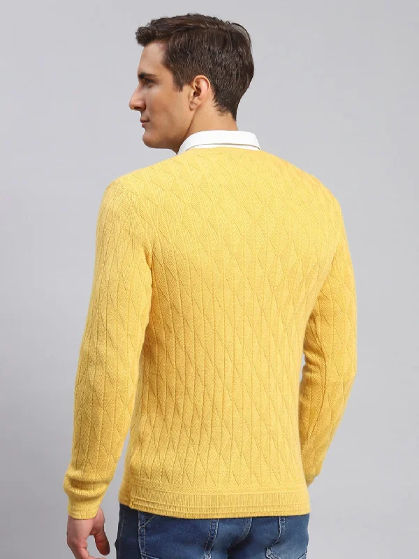 Men Yellow Self Design Wool blend Pullover