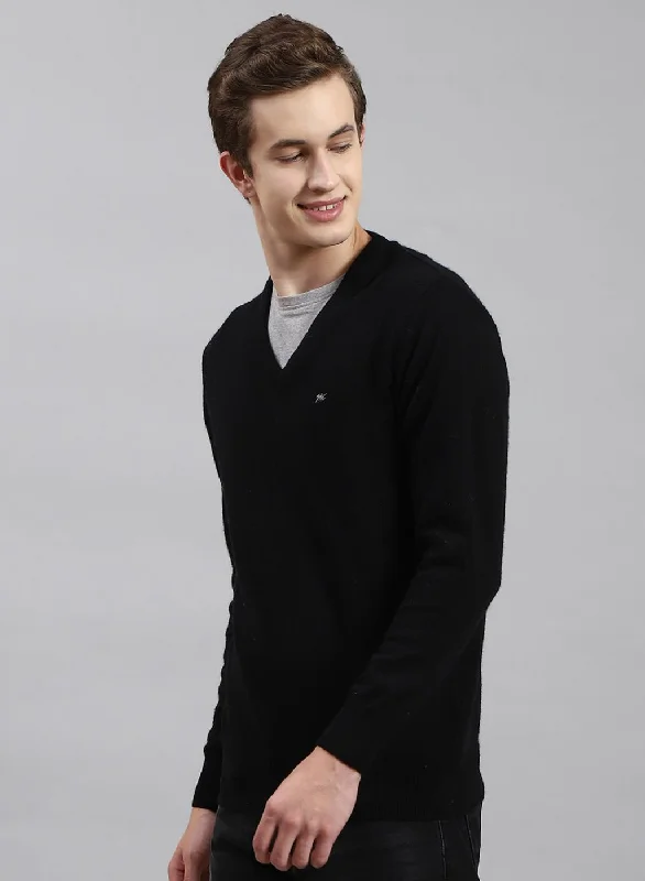 Men Black Solid Lamb wool Pullover