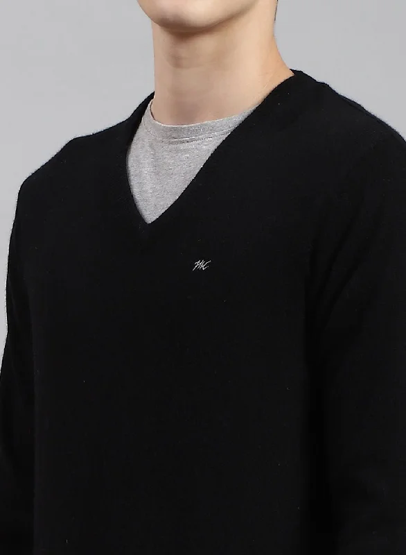 Men Black Solid Lamb wool Pullover