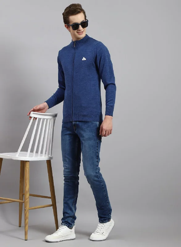 Men Blue Solid Wool blend Pullover