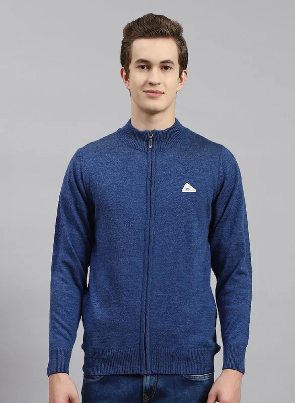 Men Blue Solid Wool blend Pullover