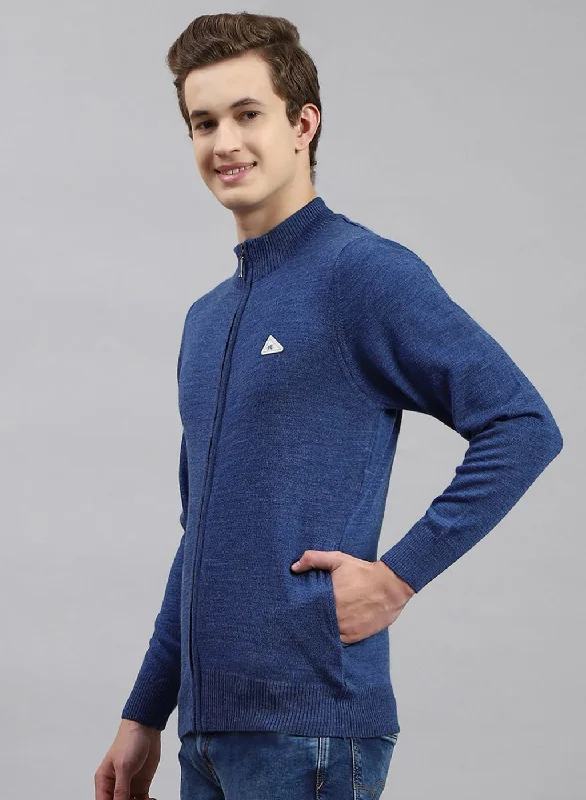 Men Blue Solid Wool blend Pullover