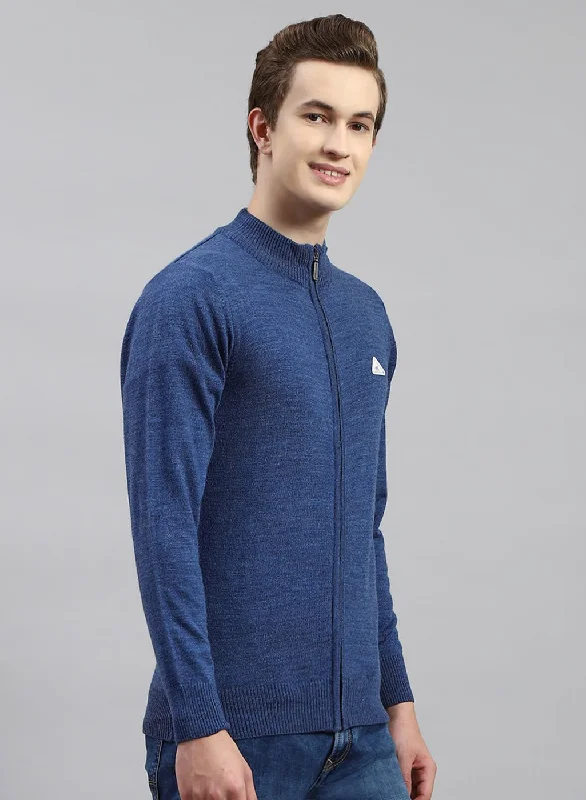 Men Blue Solid Wool blend Pullover