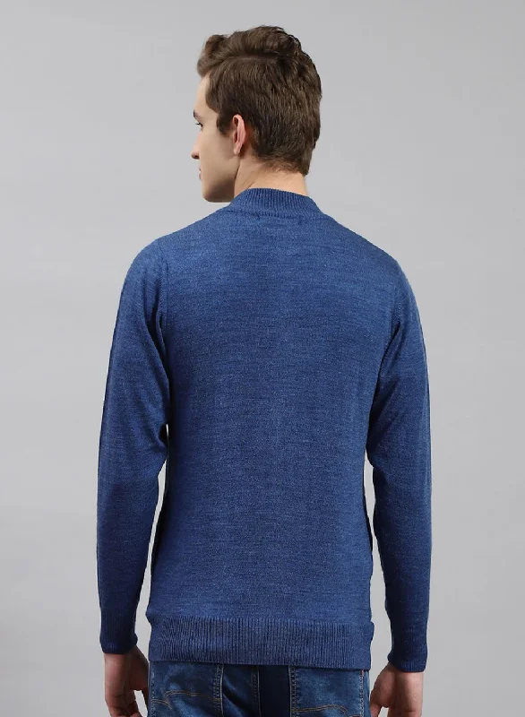 Men Blue Solid Wool blend Pullover