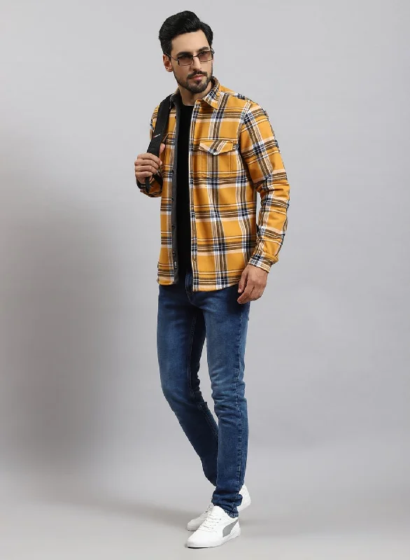 Men Mustard Check Cotton Blend Shirt