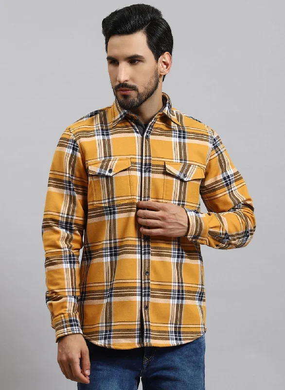 Men Mustard Check Cotton Blend Shirt