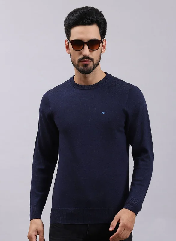 Men NAvy Blue Solid Pure wool Pullover