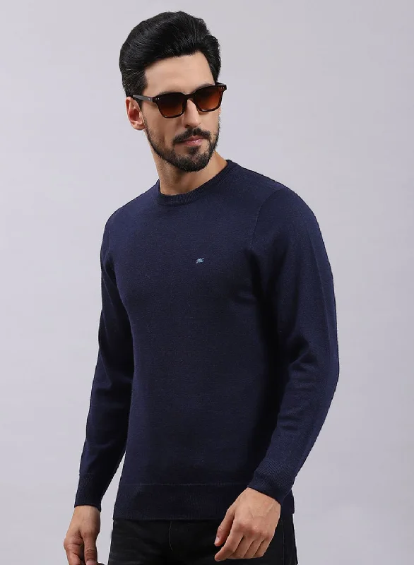 Men NAvy Blue Solid Pure wool Pullover