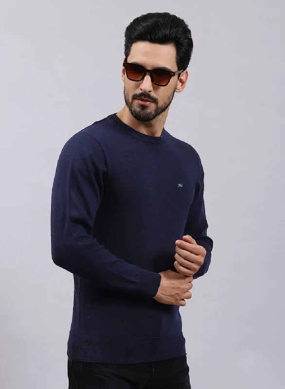 Men NAvy Blue Solid Pure wool Pullover