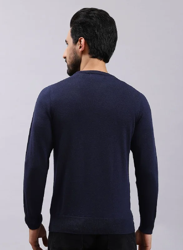 Men NAvy Blue Solid Pure wool Pullover