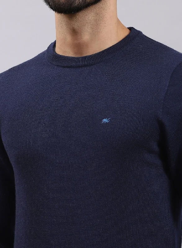 Men NAvy Blue Solid Pure wool Pullover