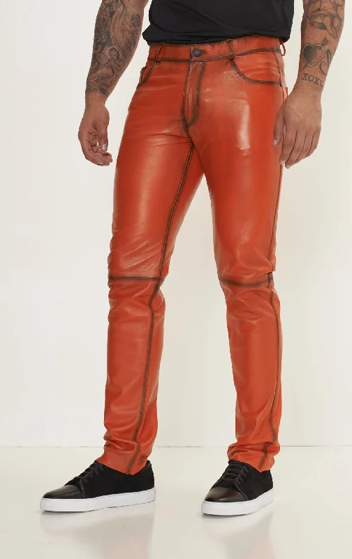 Genuine Lambskin Leather Pants - ORANGE TINT