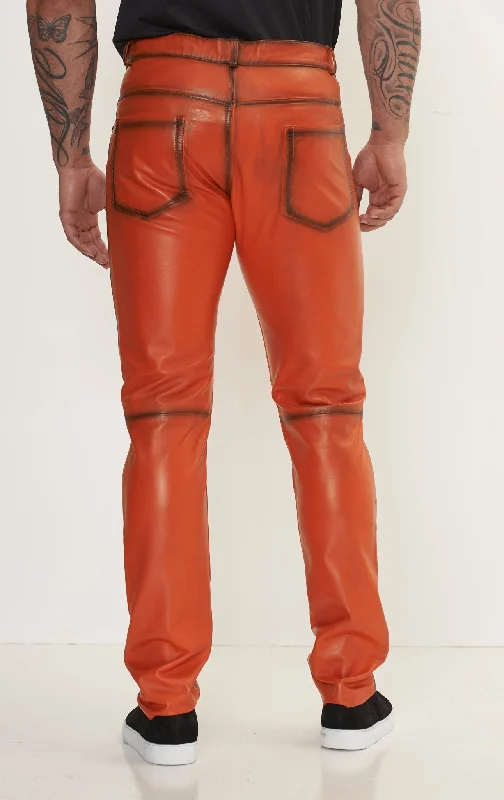 Genuine Lambskin Leather Pants - ORANGE TINT