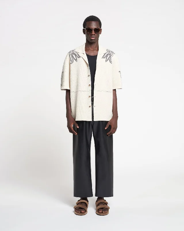 Kaemon - Embroidered Textured-Linen Camp Shirt - Natural/Black