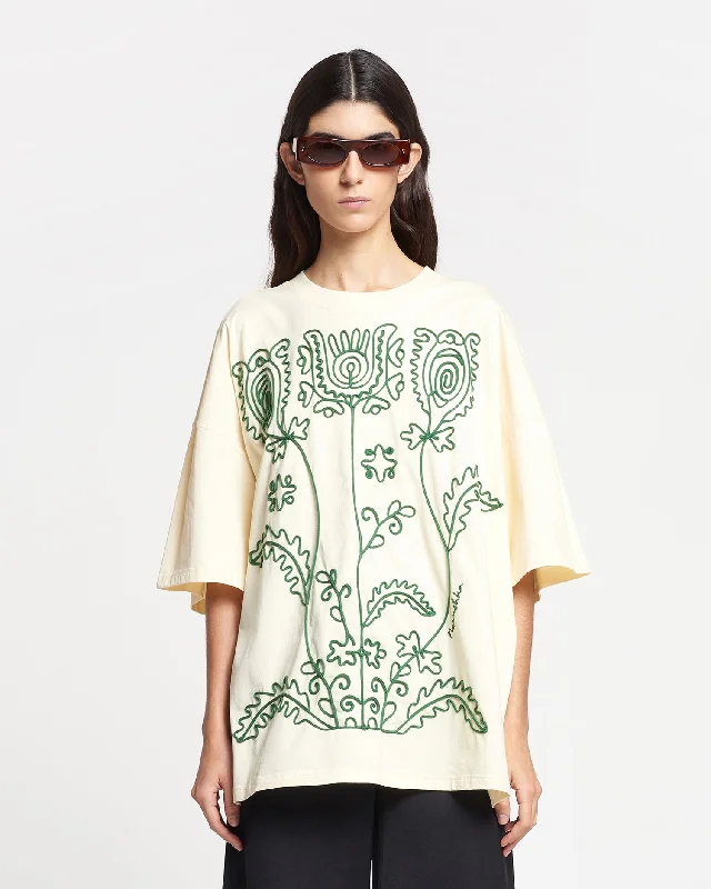 Wren - Embroidered Cotton-Jersey T-Shirt - Creme/Green