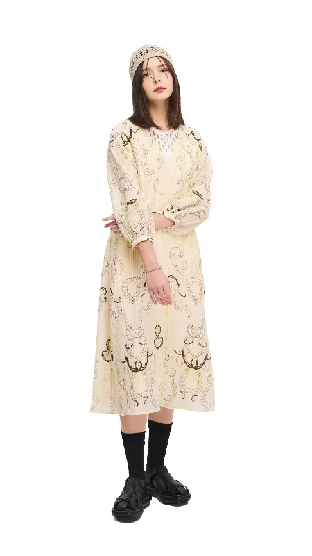 French Curve Ruler Print Puff-Sleeves Dress