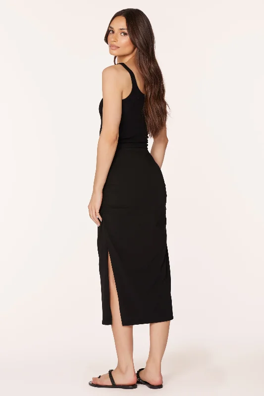 SHIRRED MIDI SKIRT WITH SLITS