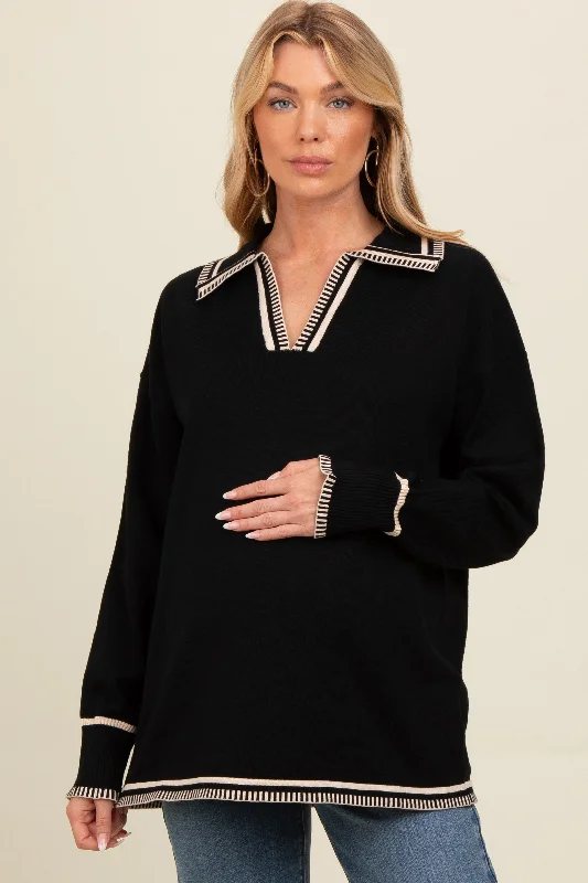 Black Contrast Trim Collared Maternity Sweater