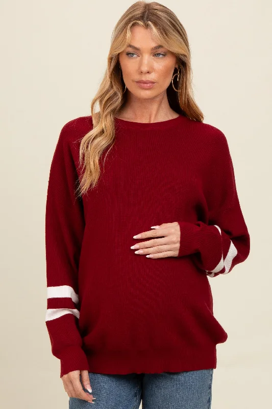 Burgundy Striped Sleeve Relaxed Fit Maternity Sweater