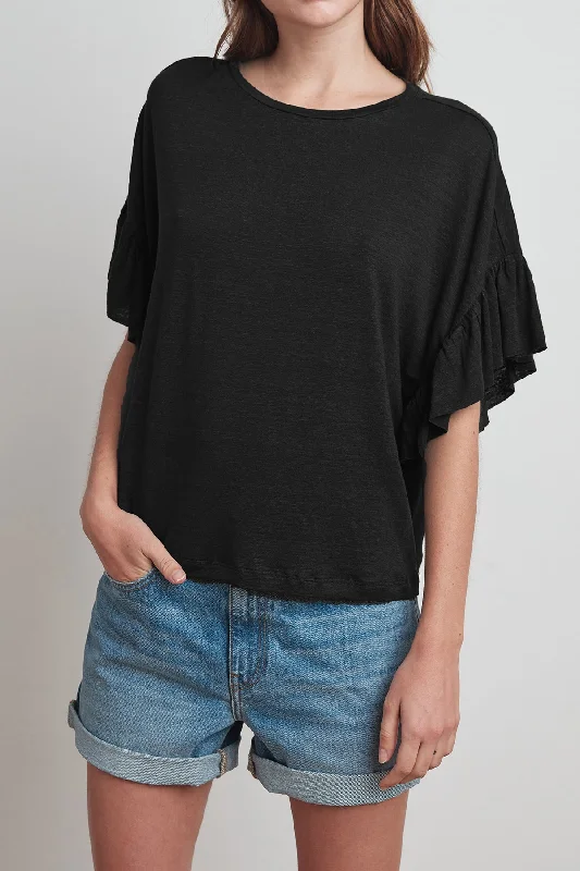 DORIANA LINEN KNIT RUFFLE SLEEVE TEE