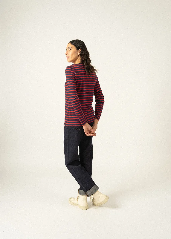 MINQUIDAME - Breton Striped Shirt with Long Sleeve | Soft Cotton | Women Fit (NAVY / RED)