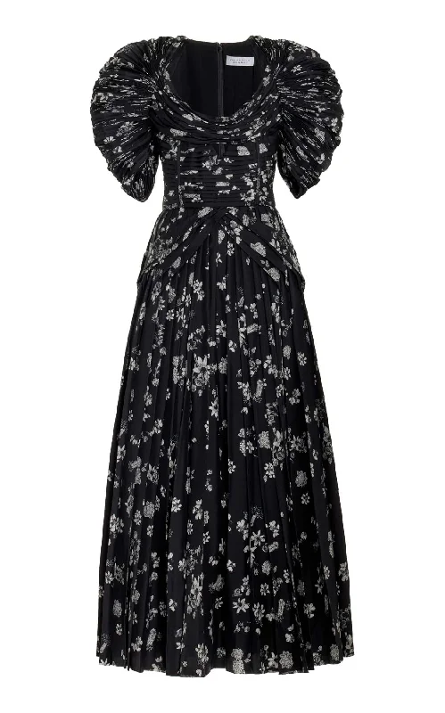 Peggy Corrugated Dress in Black & White Printed Silk Twill