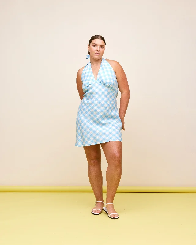 VIDA LINEN MINI SKIRT BLUE LINEN GINGHAM