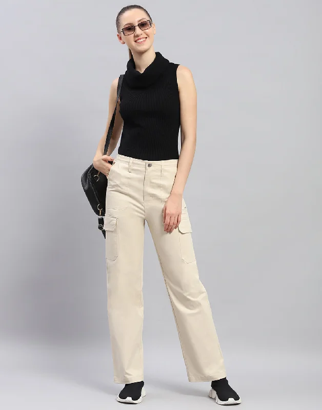 Women Beige Solid Straight Fit Trouser