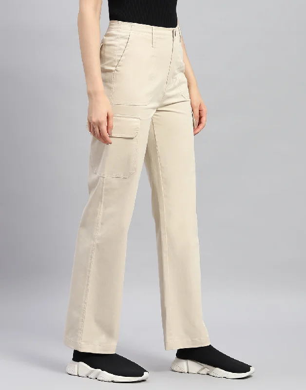 Women Beige Solid Straight Fit Trouser