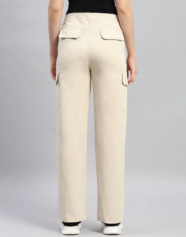 Women Beige Solid Straight Fit Trouser