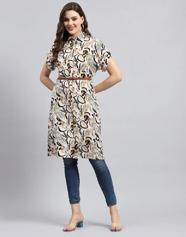 Women Brown & Black Printed Collar Half Sleeve Tunic