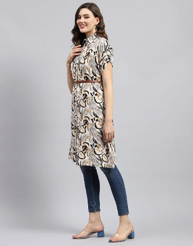 Women Brown & Black Printed Collar Half Sleeve Tunic