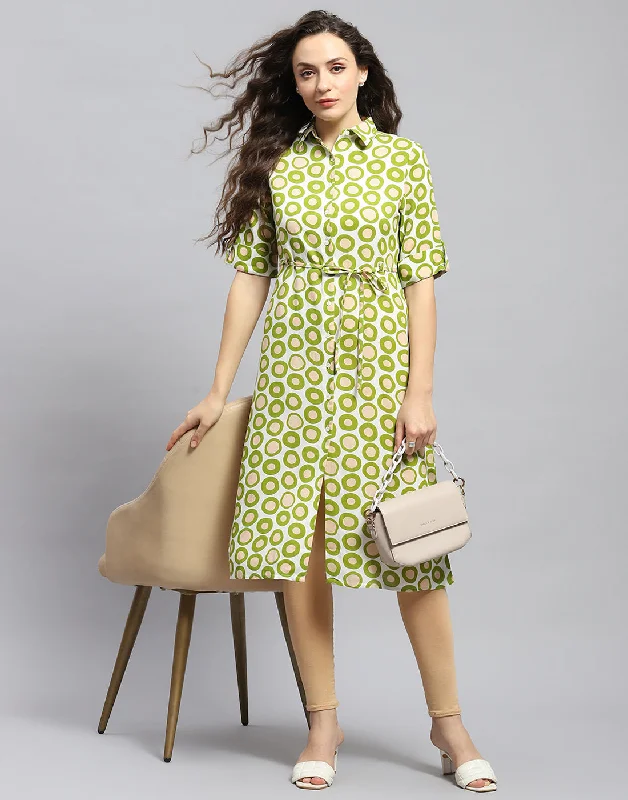 Women Green Printed Collar Short Sleeve Tunic