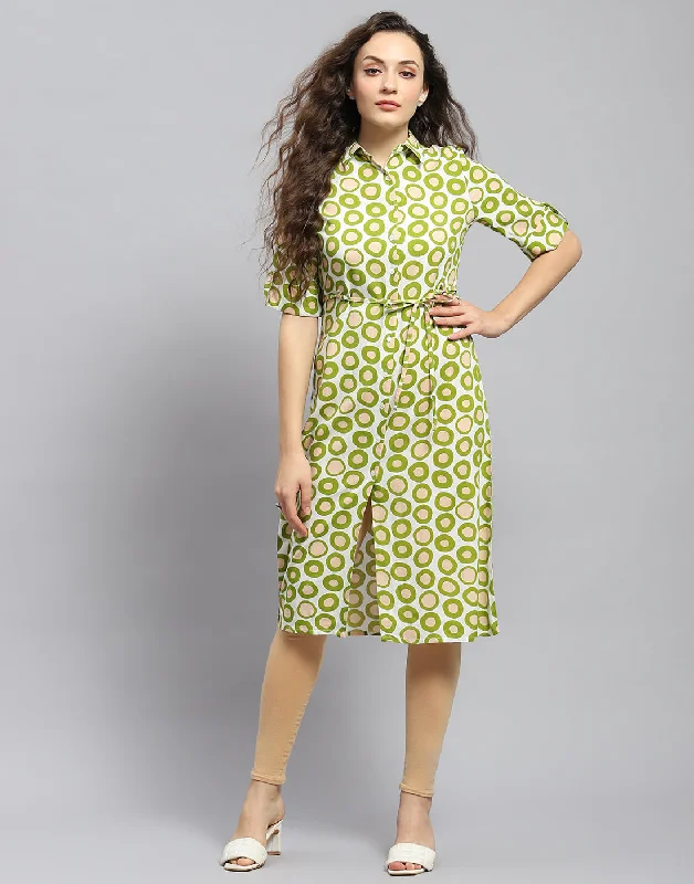 Women Green Printed Collar Short Sleeve Tunic