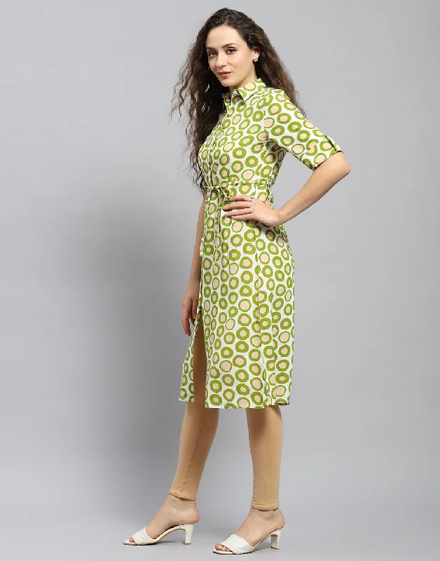 Women Green Printed Collar Short Sleeve Tunic