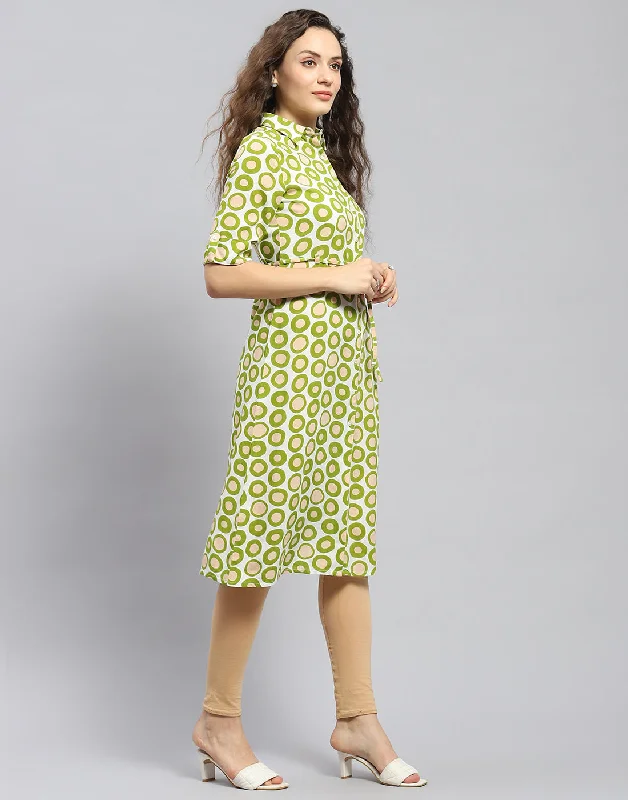 Women Green Printed Collar Short Sleeve Tunic