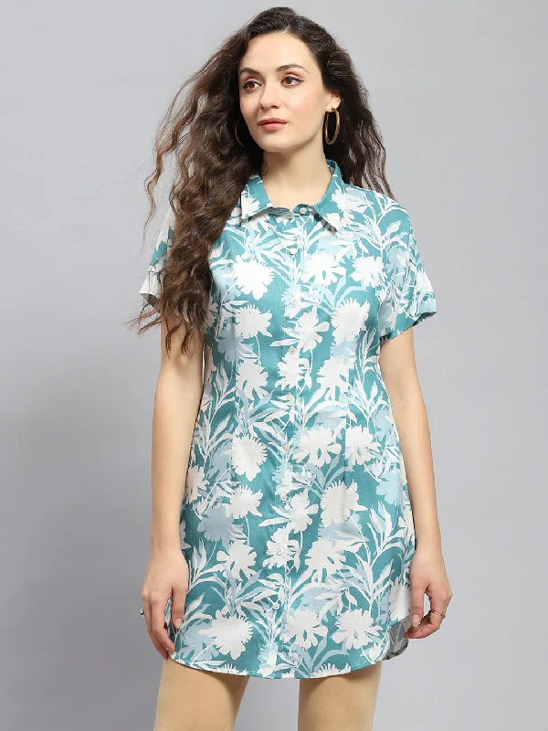 Women Teal Blue Printed Collar Half Sleeve Tunic