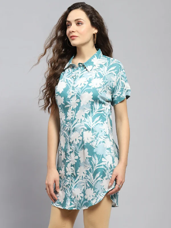 Women Teal Blue Printed Collar Half Sleeve Tunic