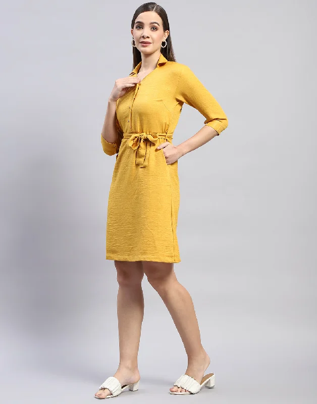 Women Yellow Solid Collar 3/4 Sleeve Tunic