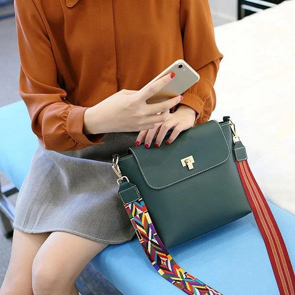 Colorful Strap Women Bucket Bags Casual Lock Anti-Thief Shoulder  Green Bags Crossbody Bags