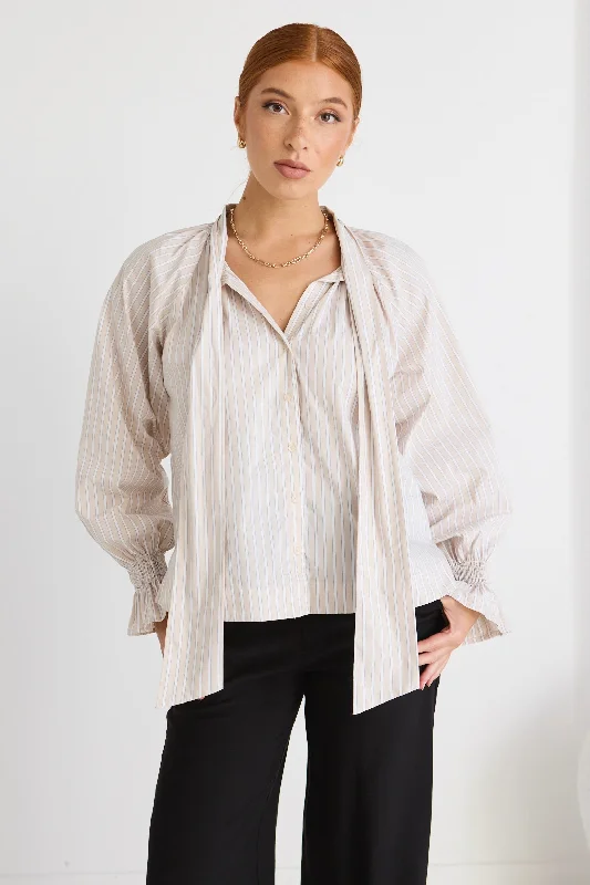 Compassion Ecru Stripe Poplin Tie Front Blouse