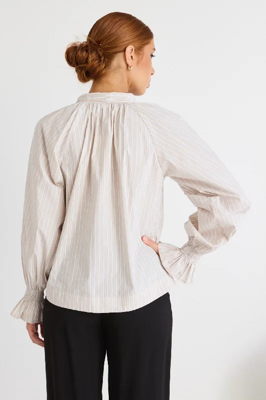 Compassion Ecru Stripe Poplin Tie Front Blouse