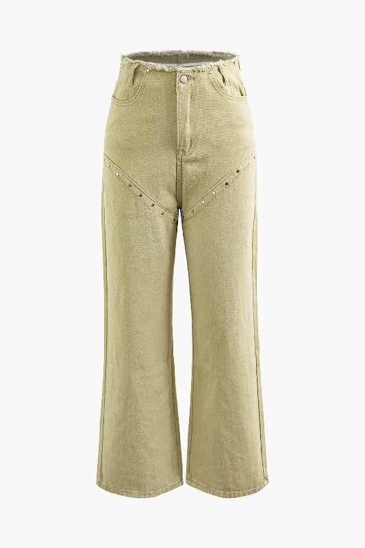 Frayed Waist Rivet Decor Straight Leg Pants