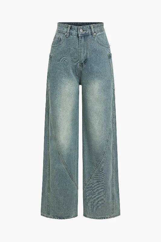 Faded Denim Pocket Wide Leg Jeans