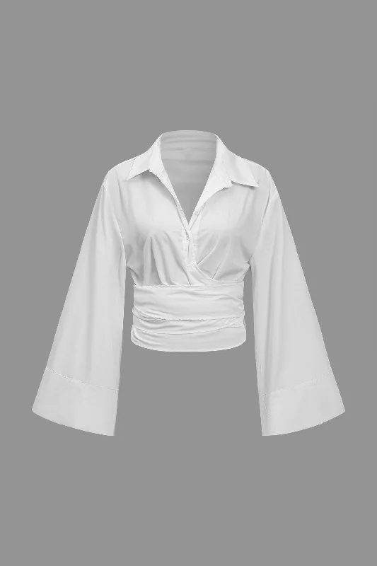 Solid Chiffon Tie Pleated Long-Sleeve Shirt