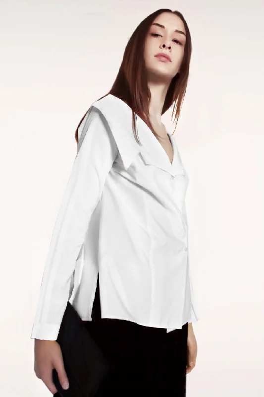 Open Collar Long Sleeves Cotton Shirt / White